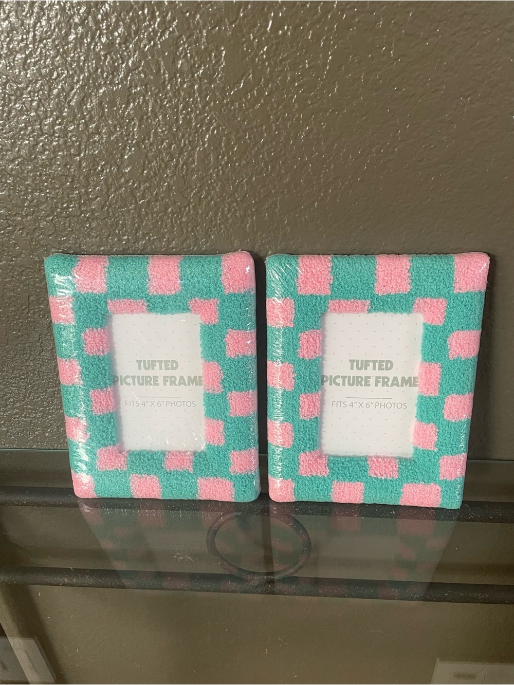 Tufted Checkerboard Picture Frames Fits 4 x 6 photos, Mint & Pink (Set of 2)